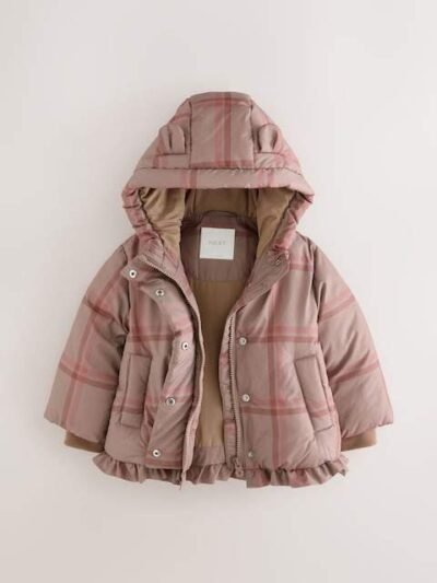 Check Shower Resistant Frill Hem Padded Coat