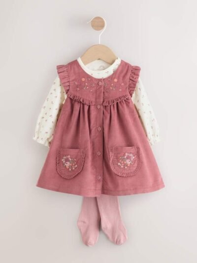 Pink Embroidered Baby Cord Pinafore Long Sleeve Bodysuit & Tights Set