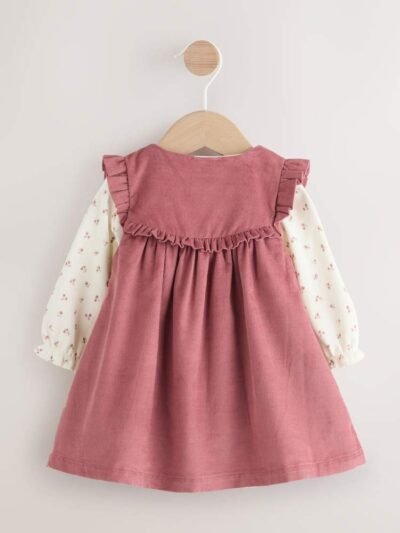 Pink Embroidered Baby Cord Pinafore Long Sleeve Bodysuit & Tights Set