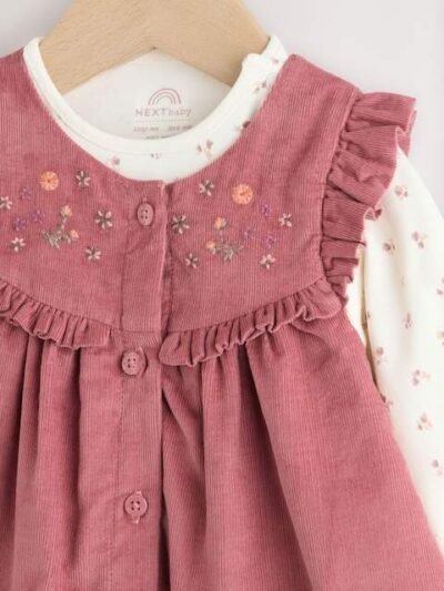 Pink Embroidered Baby Cord Pinafore Long Sleeve Bodysuit & Tights Set