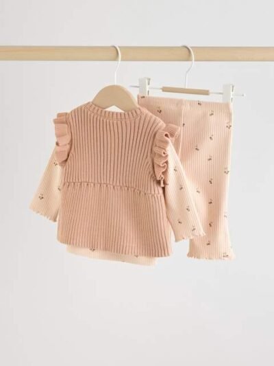Neutral Cherry Baby Knitted Gilet, Long Sleeve Top and Leggings 3 Piece Set