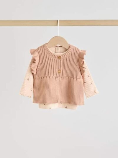 Neutral Cherry Baby Knitted Gilet, Long Sleeve Top and Leggings 3 Piece Set
