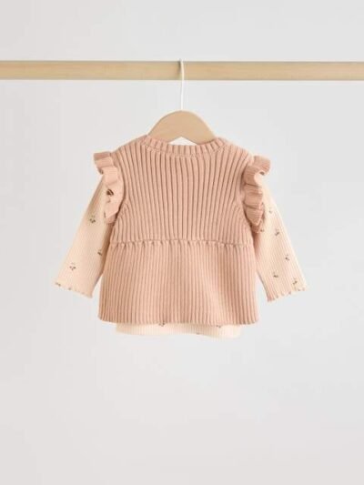 Neutral Cherry Baby Knitted Gilet, Long Sleeve Top and Leggings 3 Piece Set