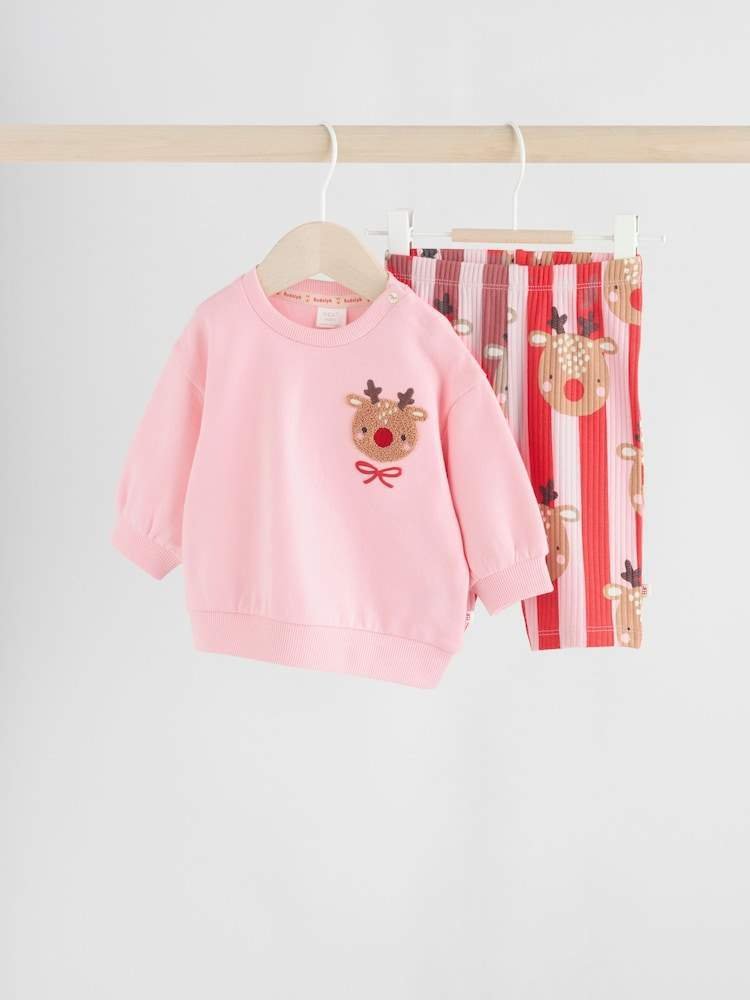 Red/Pink Reindeer Christmas Sweat and Joggers Baby Set