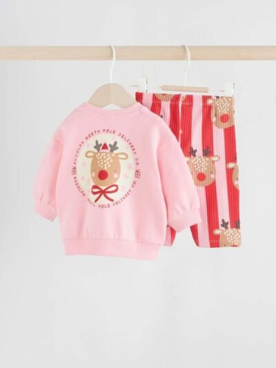 Red/Pink Reindeer Christmas Sweat and Joggers Baby Set
