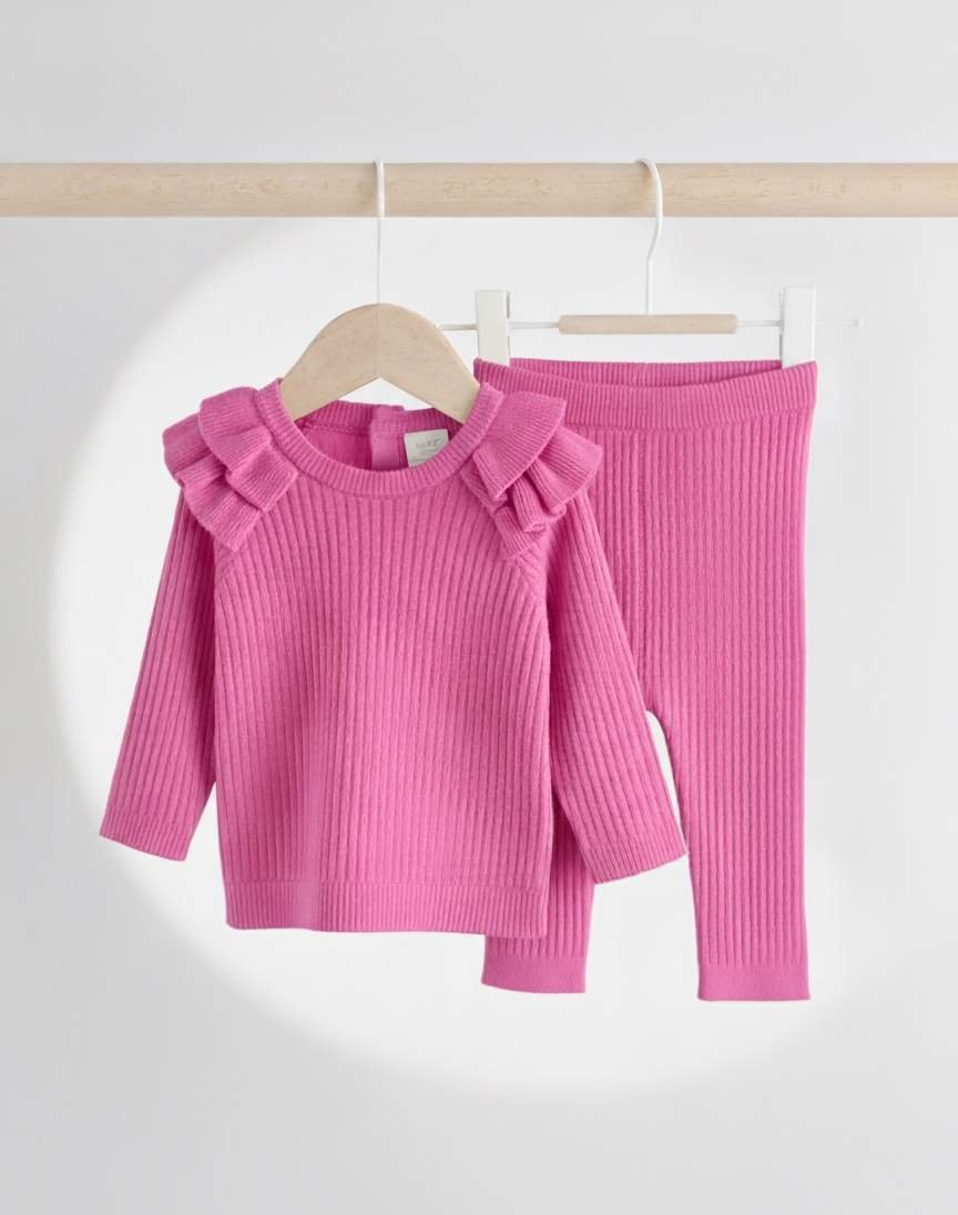 Bright Pink Knitted Jumper and Legging 2 Piece Baby Set