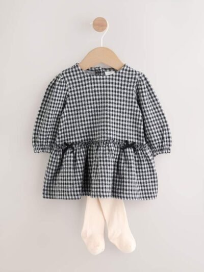 Black/Grey Gingham Baby Long Sleeve Tiered Dress with Tights
