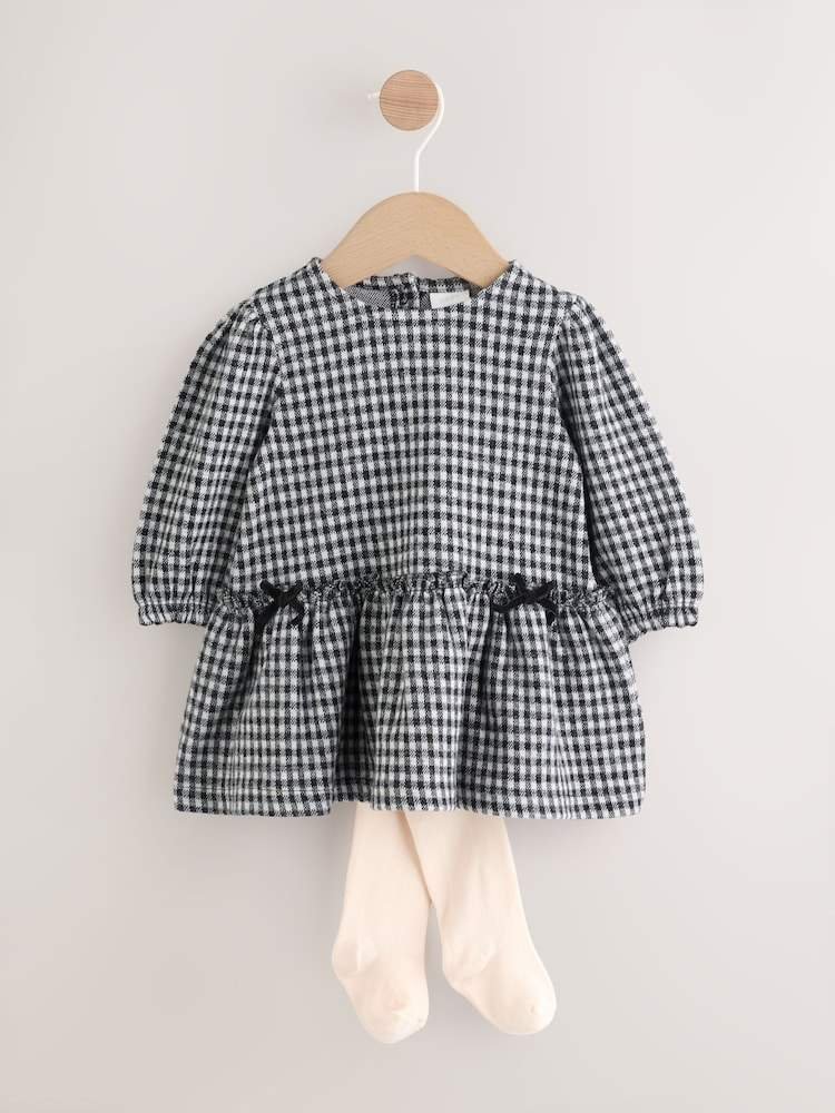 Black/Grey Gingham Baby Long Sleeve Tiered Dress with Tights