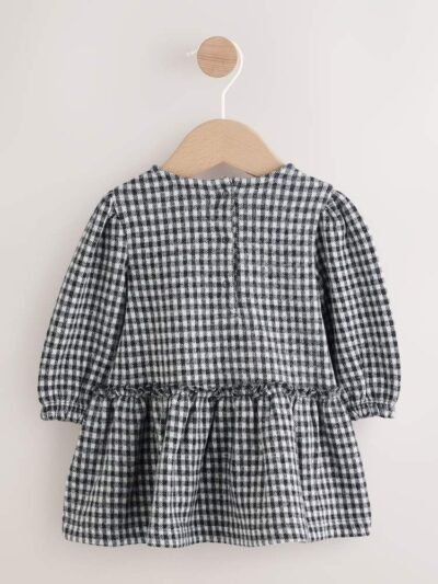 Black/Grey Gingham Baby Long Sleeve Tiered Dress with Tights