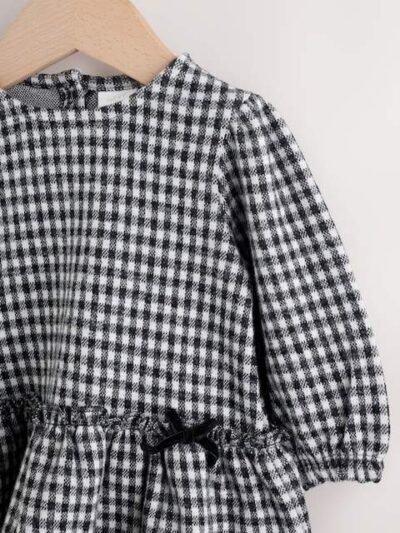 Black/Grey Gingham Baby Long Sleeve Tiered Dress with Tights