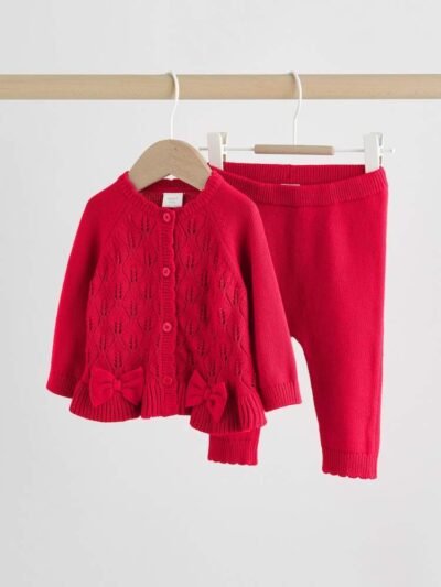 Red Frill Knitted Bow Baby Cardigan Set