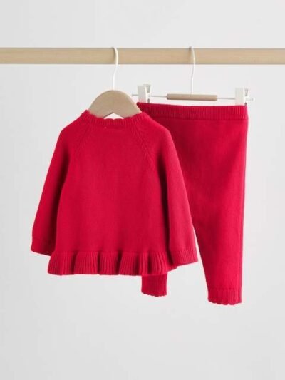 Red Frill Knitted Bow Baby Cardigan Set