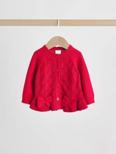 Red Frill Knitted Bow Baby Cardigan Set