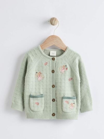 Sage Green Fairy Embroidered Baby Cardigan