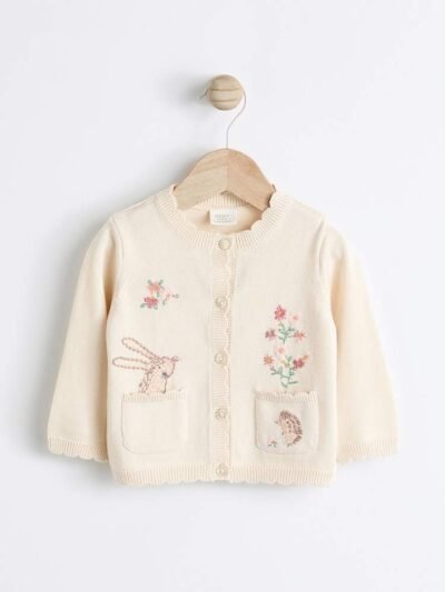 Cream Bunny 100% Cotton Pointelle Knitted Floral Flower Baby Cardigan