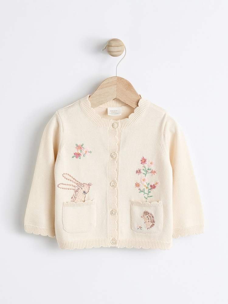 Cream Bunny 100% Cotton Pointelle Knitted Floral Flower Baby Cardigan