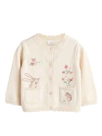 Cream Bunny 100% Cotton Pointelle Knitted Floral Flower Baby Cardigan