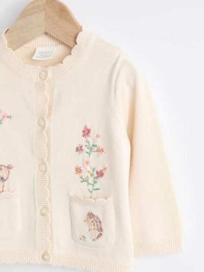 Cream Bunny 100% Cotton Pointelle Knitted Floral Flower Baby Cardigan