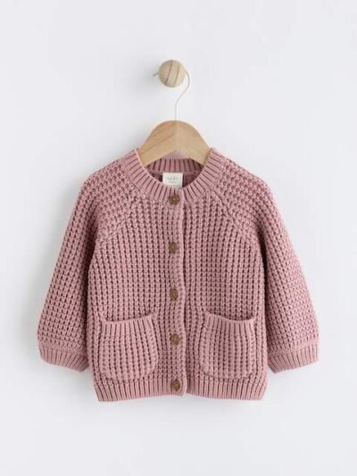 Pink Back Slogan Embroidered Baby Knitted Cardigan