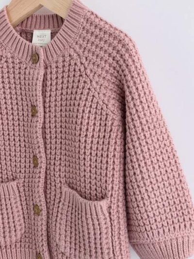 Pink Back Slogan Embroidered Baby Knitted Cardigan