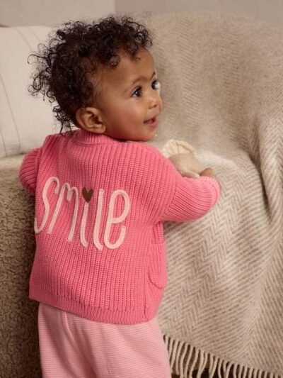 Pink Smile Embroidered Baby Cardigan