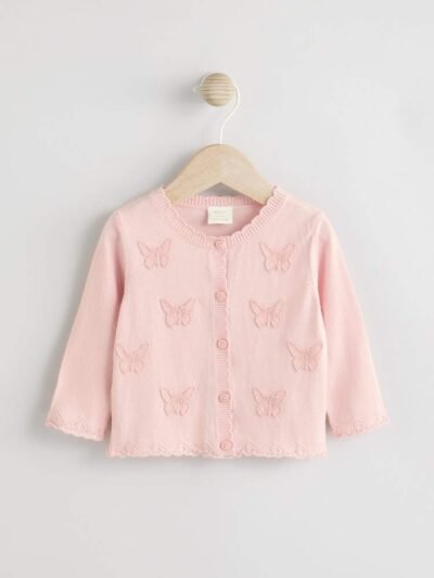 Butterfly Embroidered Pink Knitted Baby Cardigan