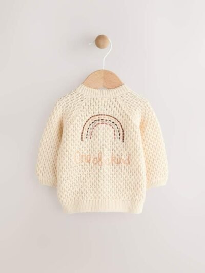 Ecru Knitted Embroidered Baby Cardigan