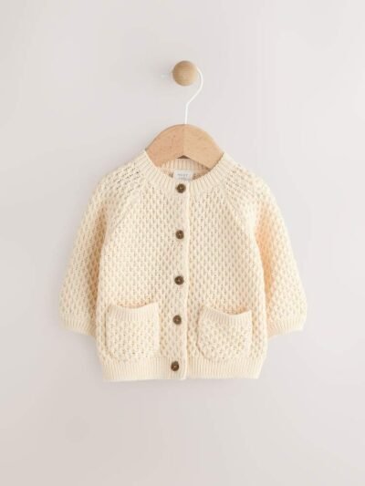 Ecru Knitted Embroidered Baby Cardigan