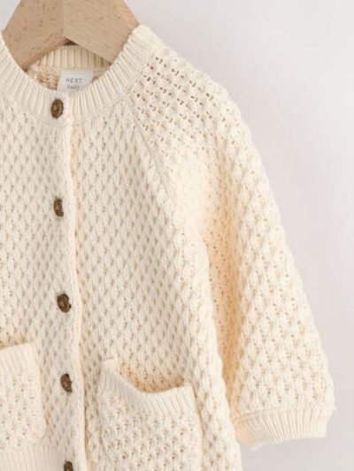 Ecru Knitted Embroidered Baby Cardigan