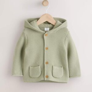 A cozy and cute organic cotton knitted cardigan with a hood and adorable 3D ears.