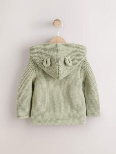 A cozy and cute organic cotton knitted cardigan with a hood and adorable 3D ears.