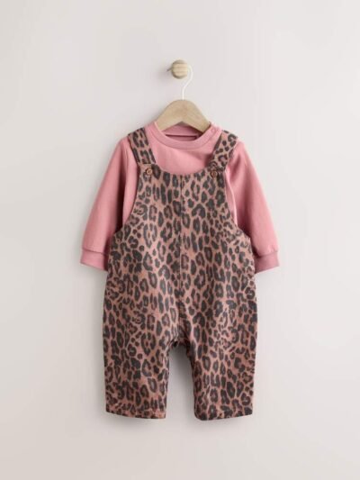 Tan Brown Leopard Print Long Sleeve Baby Bodysuit & Dungarees Set