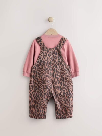 Tan Brown Leopard Print Long Sleeve Baby Bodysuit & Dungarees Set