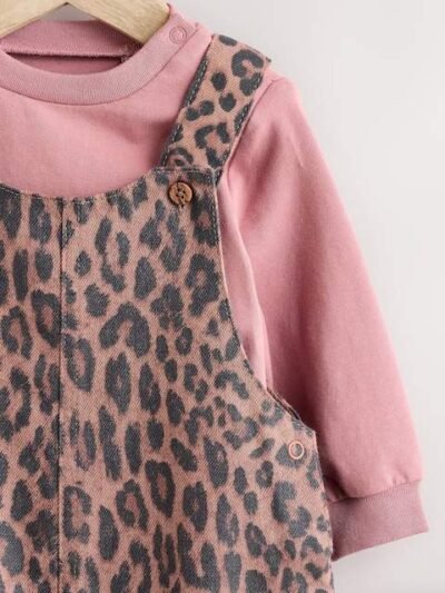 Tan Brown Leopard Print Long Sleeve Baby Bodysuit & Dungarees Set