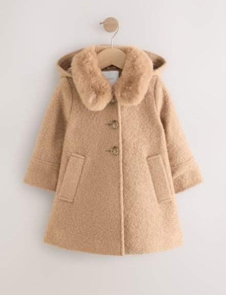 Camel Faux Fur Collar Hooded Coat with Wool