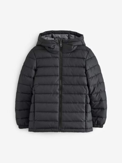 Black Quilted Midweight Hooded Jacket