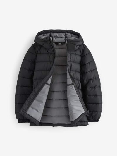 Black Quilted Midweight Hooded Jacket