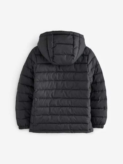 Black Quilted Midweight Hooded Jacket