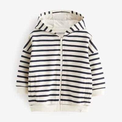 Ecru White/Navy Blue Stripe Zip Through Hoodie