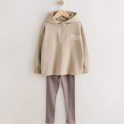 Beige Slogan Hoodie And Leggings Set