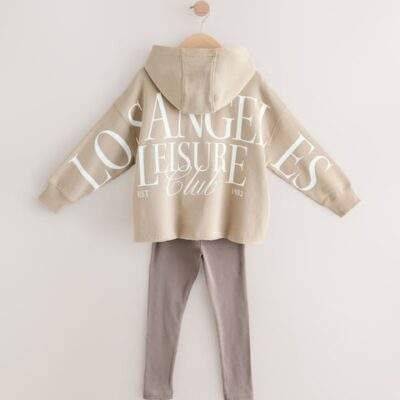 Beige Slogan Hoodie And Leggings Set