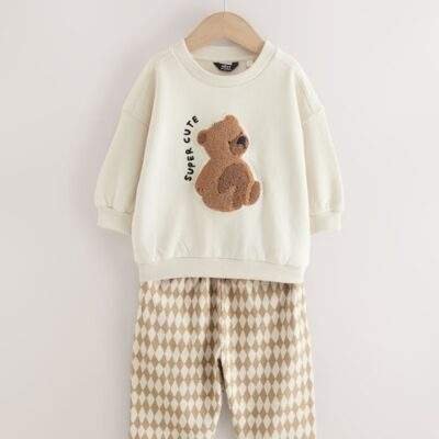 Tan Brown/White Bear Single Sweatshirt And Stripe Joggers Set