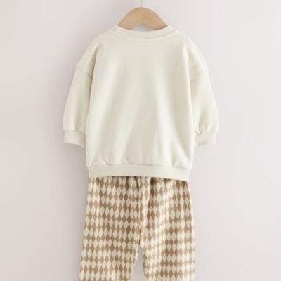 Tan Brown/White Bear Single Sweatshirt And Stripe Joggers Set