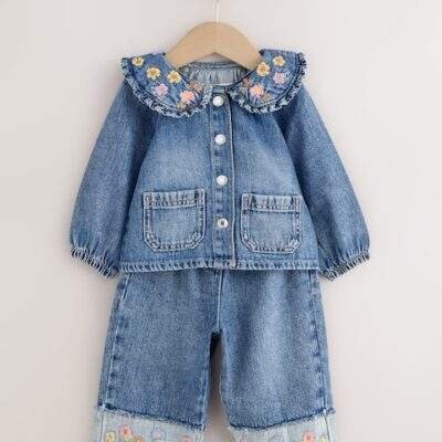 Denim Floral Embroidered Wide Leg Jeans And Jacket Set