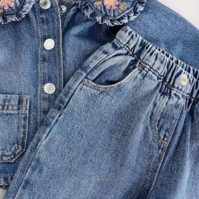 Denim Floral Embroidered Wide Leg Jeans And Jacket Set