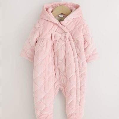 Pink Velour Baby Quilted Pramsuit