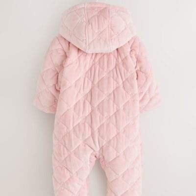 Pink Velour Baby Quilted Pramsuit