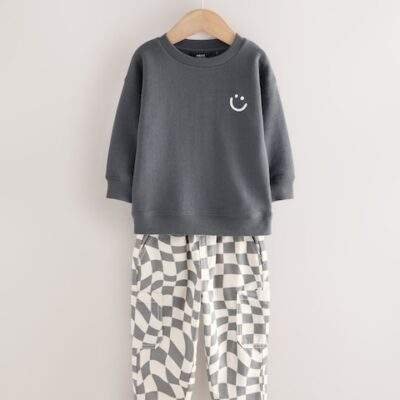 Charcoal Checkerboard Long Sleeve T-Shirt & Trousers Set