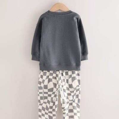 Charcoal Checkerboard Long Sleeve T-Shirt & Trousers Set