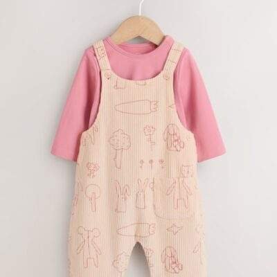 Cream / Pink Character Baby Dungaree and Bodysuit Two Piece Set